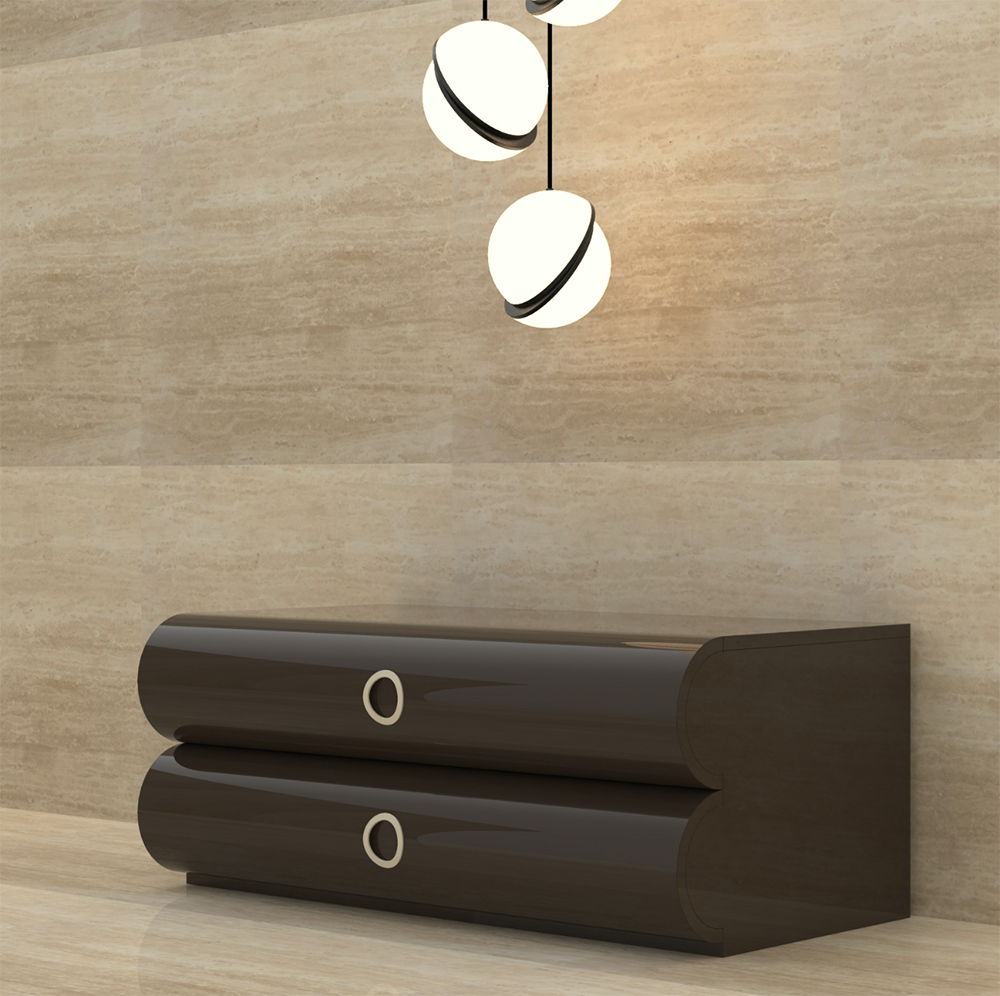 chest of drawers agains a marbe wall with hanging spherical lighting